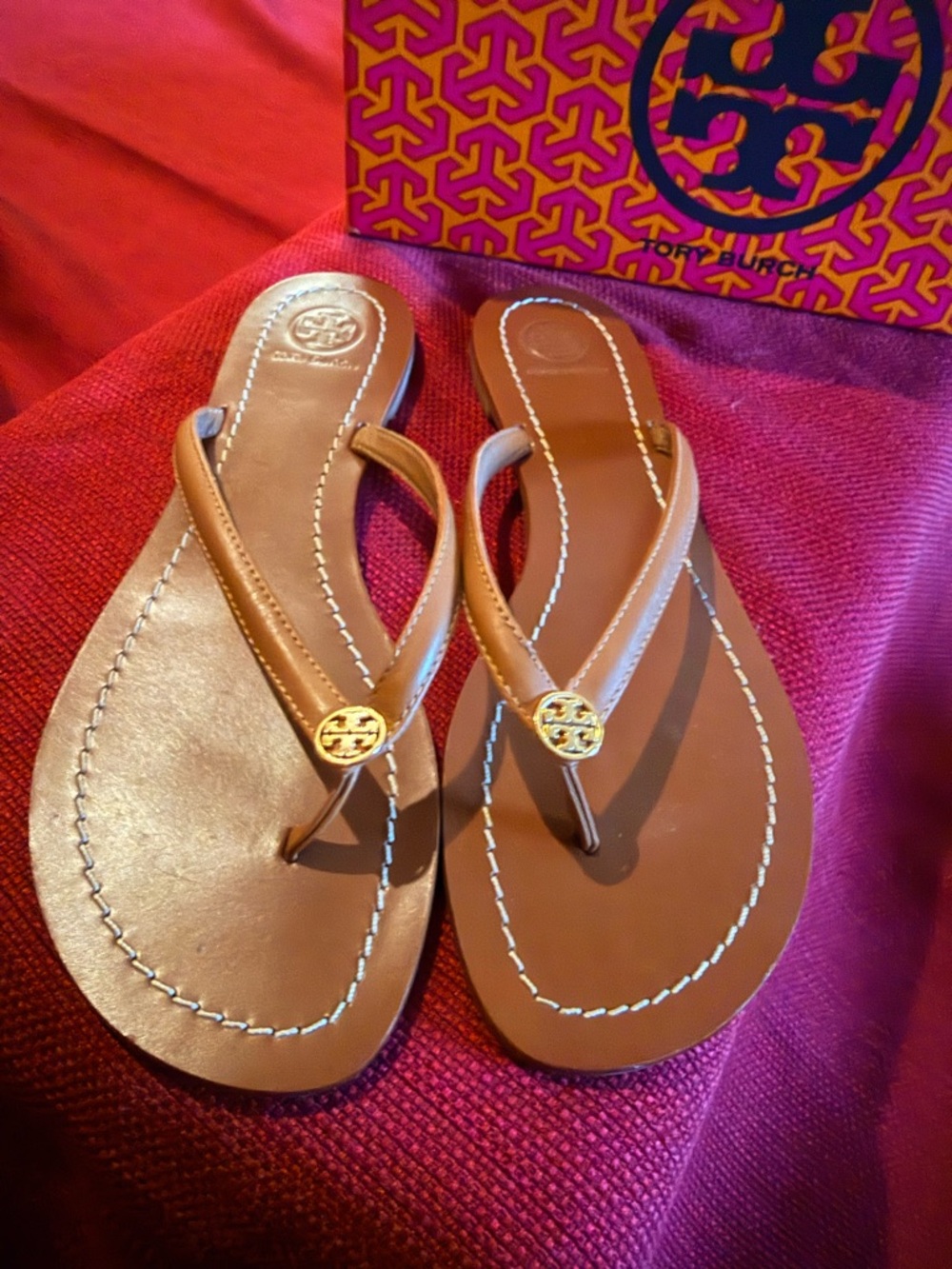 Tory Burch Royal Tan & Gold Terra Thong Veg Leather Sandal Box - Picture 9 of 12